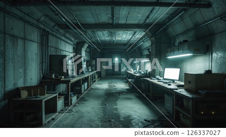 Deserted underground lab with aging computers and dim lighting evokes secrecy and cold war mystery ideal for sci-fi, thriller, or post-apocalyptic visuals 126337027