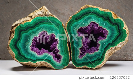 Stunning geode cross-section with vibrant emerald green bands surrounding amethyst crystal cavities. The natural mineral formation displays striking purple crystals contrasting with rich Stunning geode cross-section with vibrant emerald green bands surrounding amethyst crystal cavities. The natural mineral formation displays striking purple crystals contrasting with rich 126337032