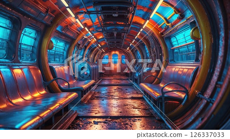 Surreal subway car interior bathed in contrasting blue and orange neon lighting. Empty vintage train with curved ceiling, weathered wooden floor and retro seating creates dystopian atmosphere 126337033