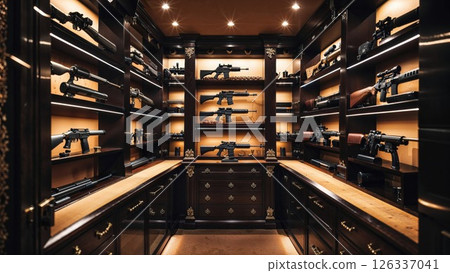 Elegant gun display cabinet with meticulously arranged firearms, illuminated by warm lighting, exuding sophistication and precision Elegant gun display cabinet with meticulously arranged firearms, illuminated by warm lighting, exuding sophistication and precision 126337041