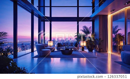 Luxurious penthouse living room with floor-to-ceiling windows showcasing spectacular purple-pink sunset over city skyline. Modern interior featuring elegant furniture, ambient lighting, and tropical 126337051
