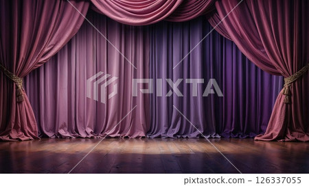 Elegant theater stage with rich purple and pink curtains draped gracefully, spotlight casting a warm glow on polished wooden floorboards Elegant theater stage with rich purple and pink curtains draped gracefully, spotlight casting a warm glow on polished wooden floorboards 126337055