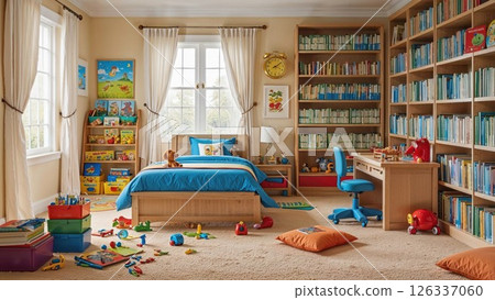 Colorful and organized children's bedroom filled with toys, books, and playful decor, featuring a blue bed and wooden furniture bathed in natural light for a cheerful vibe 126337060