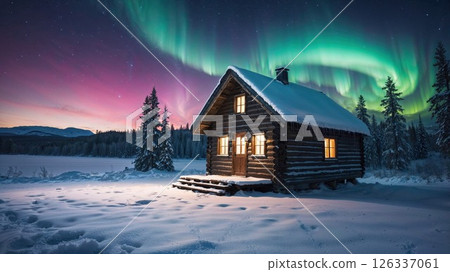 Peaceful snow-covered cabin surrounded by pine trees under a vibrant display of northern lights during twilight, evoking serene wilderness and magical winter nights 126337061