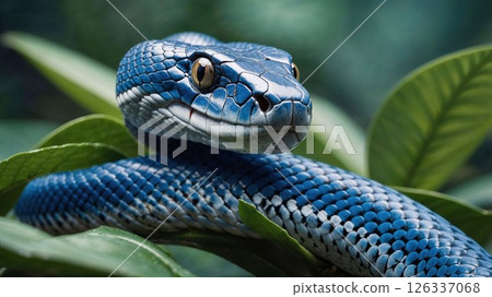 Close-up of a striking blue snake coiled on green leaves, showcasing iridescent scales and sharp eyes an exotic predator captured in vivid detail in its natural jungle habitat 126337068