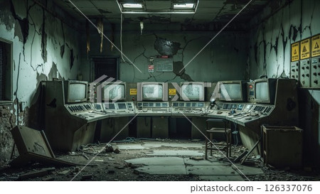 Crumbling control room with broken monitors, peeling paint, and debris captures the eerie silence of a forgotten era ideal for post-apocalyptic or industrial decay themes 126337076