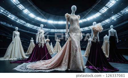 Elegant bridal gowns displayed on mannequins in a grand stadium setting dramatic fashion showcase ideal for couture, wedding, or high-end runway visual content Elegant bridal gowns displayed on mannequins in a grand stadium setting dramatic fashion showcase ideal for couture, wedding, or high-end runway visual content 126337081