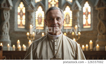 Smiling priest in cream robe stands peacefully before glowing candles and stained-glass windows inside a historic church ideal for spirituality, faith, or religious leadership 126337082