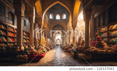 Sunlit traditional spice market under grand arches, lined with vibrant spices and handmade goods ideal for travel, culture, heritage, or exotic commerce concepts Sunlit traditional spice market under grand arches, lined with vibrant spices and handmade goods ideal for travel, culture, heritage, or exotic commerce concepts 126337083