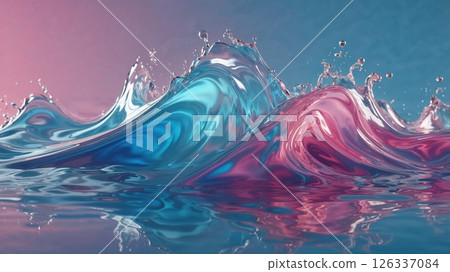 Glassy pink and blue liquid waves merge in a surreal splash, capturing fluid motion in a dreamy, futuristic style ideal for design, abstract art, and creativity 126337084