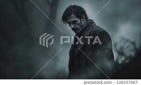 Brooding man in a dark trench coat stands in a misty forest, evoking suspense and thriller vibes perfect for mystery, noir, or cinematic drama concepts 126337087