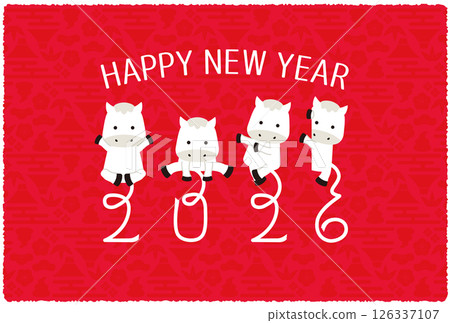 2026 New Year's card Horse 4 pose Decorative lettering Tail 2026 Red background HAPPY NEW YEAR 2026 New Year's card Horse 4 pose Decorative lettering Tail 2026 Red background HAPPY NEW YEAR 126337107