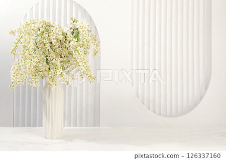 Abstract floral arrangement and banner for screen, Still life with beautiful spring branches of blooming bird cherry in vase on elegant background.Floral holiday card with summer greeting concept 126337160