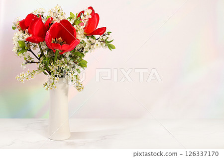 Still life with beautiful spring branches of blooming bird cherry and red tulips in a vase on an elegant background. Abstract floral composition and banner for the screen, floral holiday card. 126337170