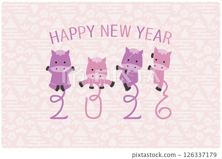2026新年賀卡，馬4姿勢，裝飾文字，尾巴2026，淺粉色背景，新年快樂 126337179