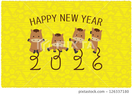 2026 年新年賀卡,4 個馬姿勢,裝飾文字,尾巴 2026,黃色背景,橫向,新年快樂 2026 年新年賀卡,4 個馬姿勢,裝飾文字,尾巴 2026,黃色背景,橫向,新年快樂 126337180