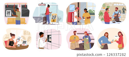 People scan qr code by smartphone for payment, purchases, ordering taxi isolated cartoon scene 126337282