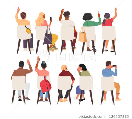 Back view of people cartoon characters sitting on chairs with raised hands participating at seminar 126337283