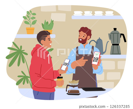 Teenage guy paying for coffee drink at cafe using qr code scanner mobile application cartoon scene 126337285
