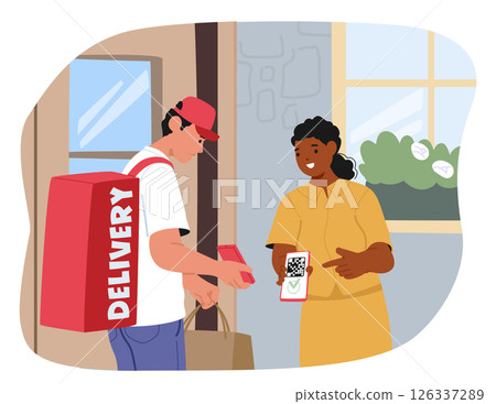 Woman character paying with qr code scanner by mobile phone for delivery service cartoon scene 126337289