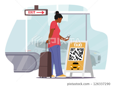 Woman traveler character using mobile phone qr code scanner to book taxi in airport cartoon scene 126337290