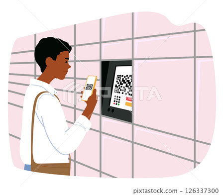 Man character scanning qr code on atm machine screen by mobile to withdraw money cash cartoon scene 126337300
