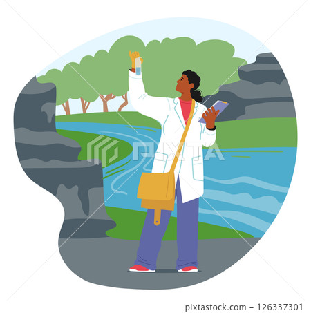 Woman environmentalist character collecting water samples examining ecology situation cartoon scene 126337301