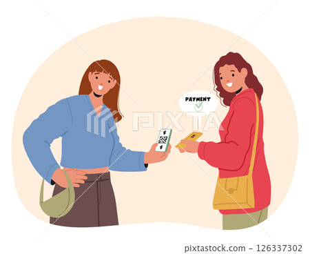 Two young women customers checking payment success scanning qr code using smartphone devices 126337302