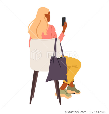 Back view of young woman cartoon character shooting seminar on mobile camera isolated on white 126337309