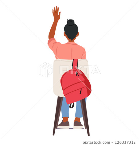 Female student cartoon character having answer sitting with raised hand on chair isolated on white 126337312