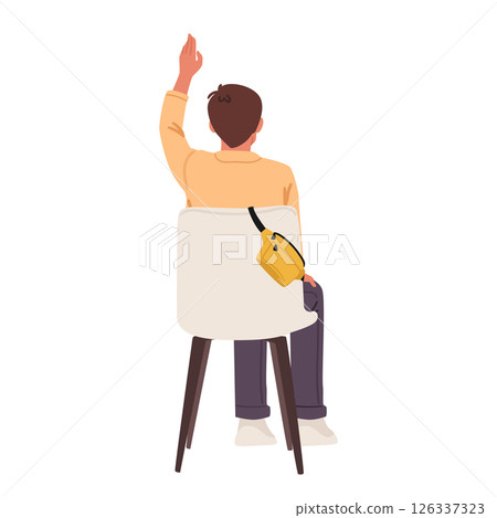 Back view man isolated cartoon character with raised hand on chair asking question or answering 126337323