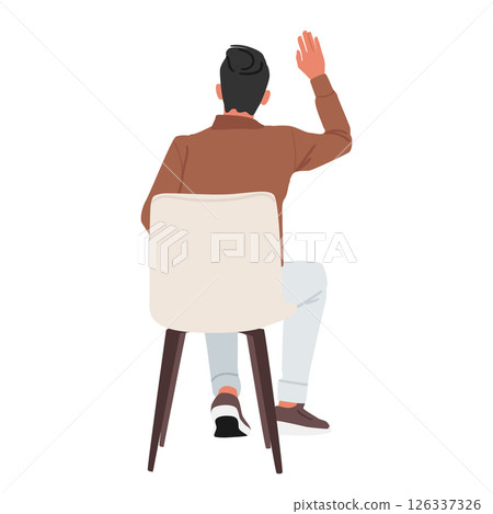 Back view of businessman cartoon character raising hand while sitting on chair isolated on white Back view of businessman cartoon character raising hand while sitting on chair isolated on white 126337326