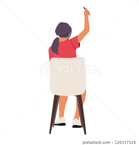 Girl student cartoon character holding raised hand with pen on chair backside isolated on white 126337328