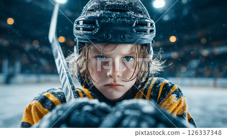Child hockey player with a stick in his hands and a helmet on his head stands on the ice with a serious look before the game 126337348