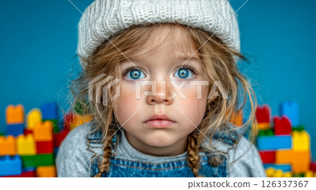 Girl in a white hat close-up against the background of a construction set 126337367