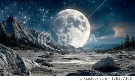 A clear sky shows a bright full huge moon surrounded by stars, and detailed craters and textures can be seen on its surface 126337368