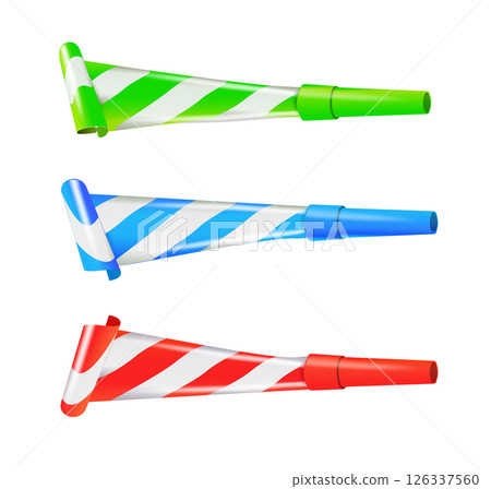 Color Party Blower Whistles Set of Celebration Happy Party. Realistic Detailed 3d. Vector 126337560