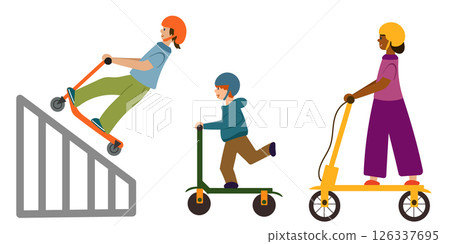 Set of kids on scooters. Electric scooters. Trendy transportation. Activity in park. Set of kids on scooters. Electric scooters. Trendy transportation. Activity in park. 126337695