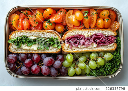 Packed lunch. Lunch with a baguette sandwich, brie cheese and grapes. Parisian style lunch box. 126337796