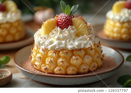 Tropical dessert. Pineapple cakes in Yellow tones on dessert stand with soft lighting. Tropical dessert. Pineapple cakes in Yellow tones on dessert stand with soft lighting. 126337797