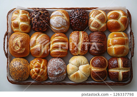 Home bread. Variety of baked buns in on a wooden trading tray on a white background. Top view. Home bread. Variety of baked buns in on a wooden trading tray on a white background. Top view. 126337798