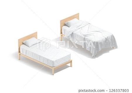 Blank wooden single bed with white bedding mockup, side view Blank wooden single bed with white bedding mockup, side view 126337803