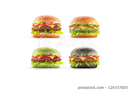 Beef and vegan hamburger colored bun mockup, front view 126337805