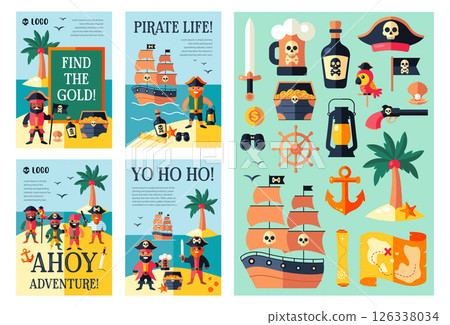 Pirate Adventure Posters Set. Flat Cartoon Captains, Pirate Characters and Decorative Elements with Text 126338034