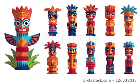 Colorful Tribal Totem Vector Set. Cartoon Hawaiian and African Wooden Statues with Ritual Faces. Ethnic Decorative Idols and Symbols Colorful Tribal Totem Vector Set. Cartoon Hawaiian and African Wooden Statues with Ritual Faces. Ethnic Decorative Idols and Symbols 126338035