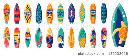 Surfboard Vector Set. Cartoon Surf Boards with Tropical Prints. Turtle, Palm Trees, Ocean, Crab, Totem and Flower Designs. Retro Beach Clipart 126338036