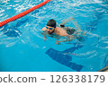 Man in black swimming cap swimming crawl style in the pool 126338179
