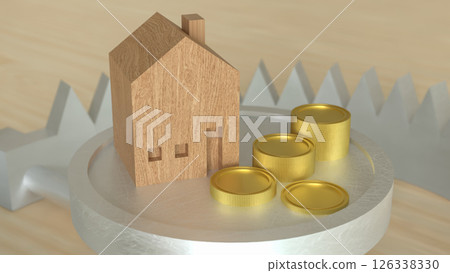 The Wood House and coins on trap for property concept 3d Rendering. 126338330