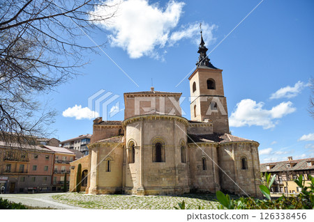 Medieval Church in limestone with arches, semicircular flares and Herrerian roof 126338456