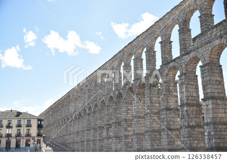 Left side view of Segovia Aqueduct, Roman construction for transporting water 126338457